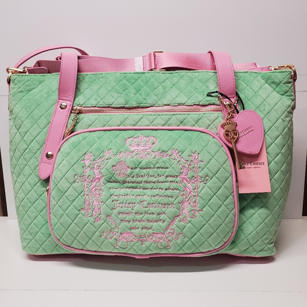 Juicy Couture Retro Green and Pink Tale Quilted Weekender / Travel / Baby Bag